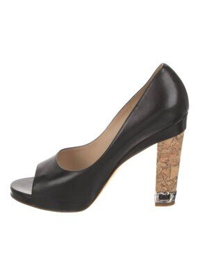 CHANEL Black Leather Open Toe Chain CC Logo Heels